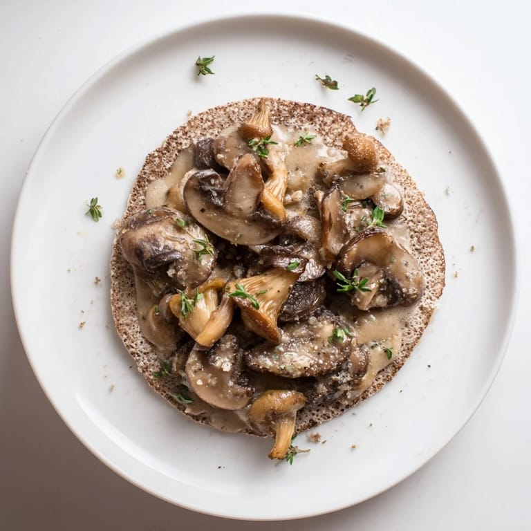 Apetyczny widok zimowego ragout z grzybów na puszystych gryczanych blinach, gotowy do jedzenia.