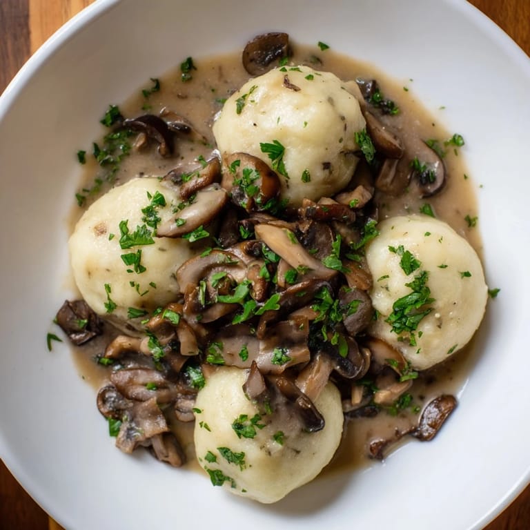 Close-up of fluffy potato dumplings with mushroom sauce, garnished with fresh parsley.
