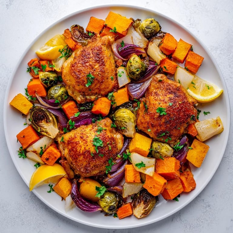 Pyszne jednorynkowe pieczone warzywa zimowe z kurczakiem, gotowe do podania z świeżymi ziołami i sokiem z cytryny.