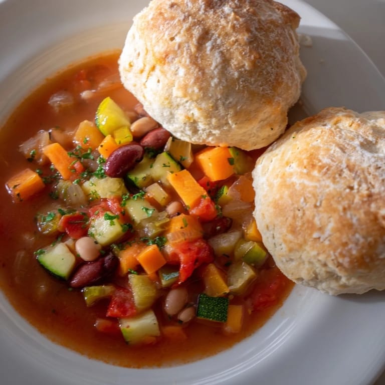 Savor the aroma: freshly baked Homemade Bread Rolls alongside flavorful bean-and-vegetable soup for a comforting dinner.