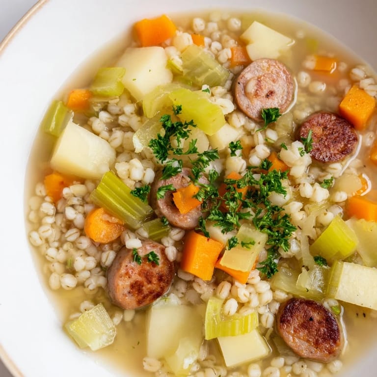Kremowa zupa jęczmienna z warzywami i kiełbasą, idealna na chłodne jesienne wieczory.