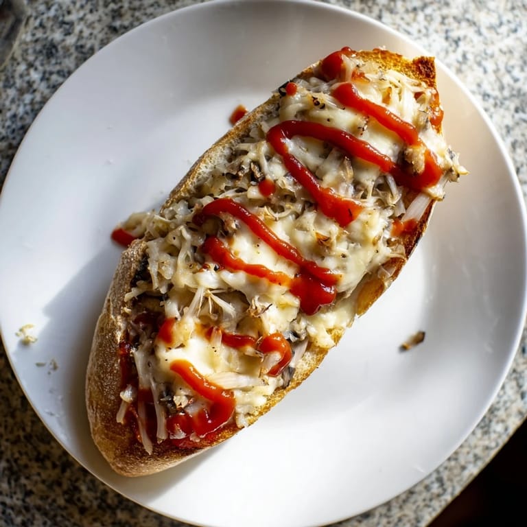 Apetyczna zapiekanka, pieczona z chrupiącą bagietką, idealna na szybki i satysfakcjonujący posiłek.