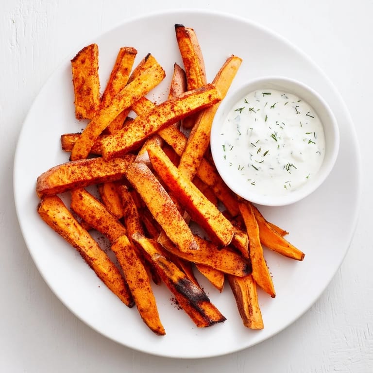 Golden baked sweet potato fries, ready to be dipped into the creamy herb yogurt sauce.