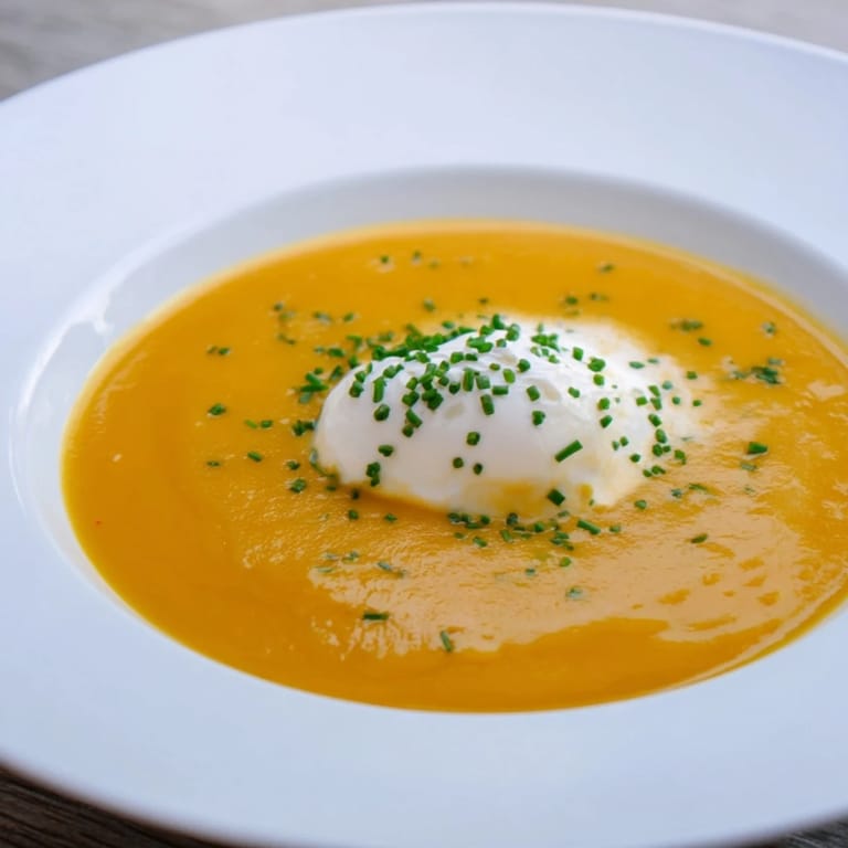 A steaming bowl of pumpkin soup, garnished with sour cream beside crusty bread.