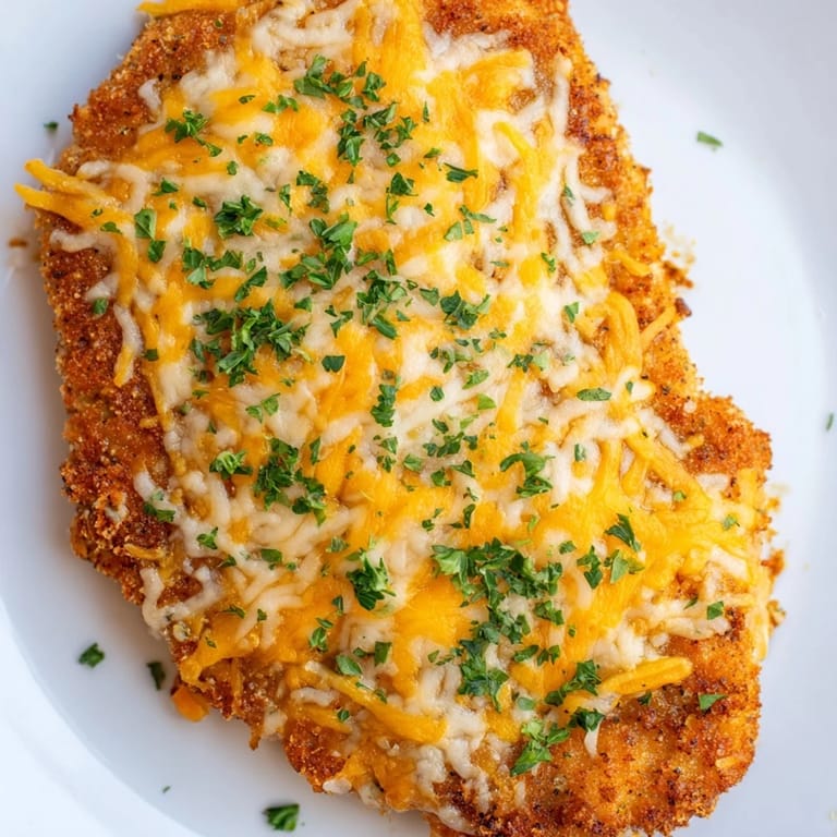A close-up of Cheesy Baked Schabowy, showcasing the crispy breading and bubbly cheese topping.