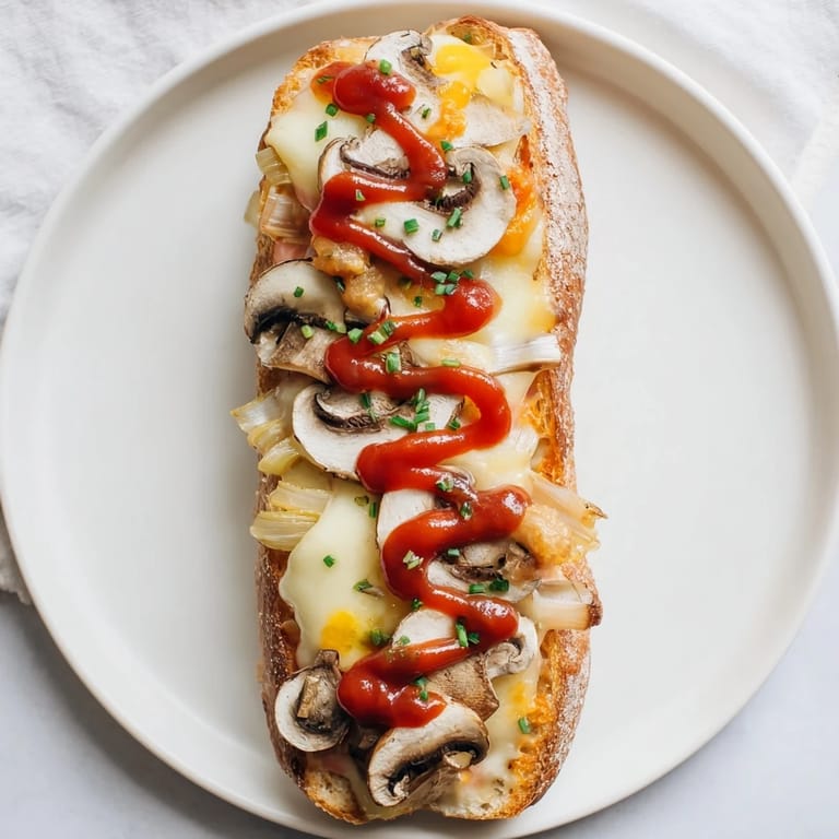 A close-up of Air Fryer Zapiekanka, showing perfectly melted cheese atop savory mushrooms.