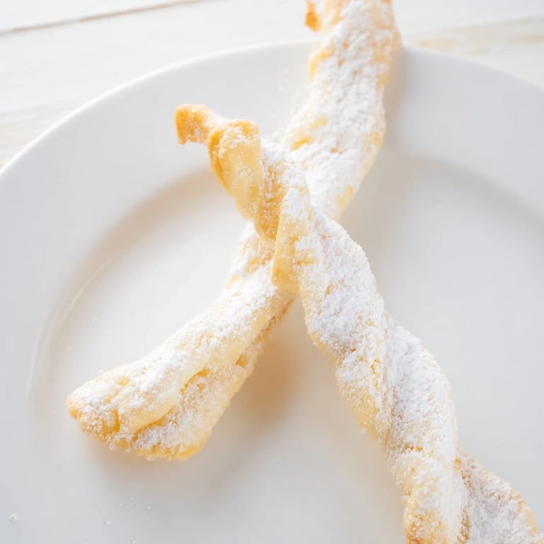Pyszne, chrupiące ciasteczka anielskie, świeżo usmażone i gotowe do obfitego oprószenia cukrem.