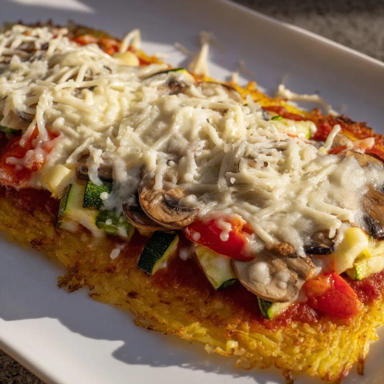A close-up view displays layers of cheese, vegetables, and potato crust in the Hearty Potato Crust Casserole.