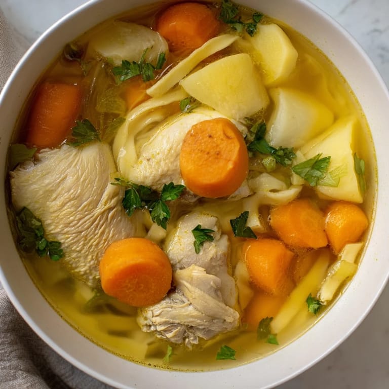 A flavorful bowl of Polish Rosół, boasting tender chicken, carrots, and a clear broth.