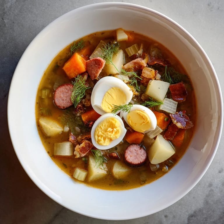 Thick and flavorful One-Pot Sour Rye Soup, with visible chunks of sausage and vegetables.
