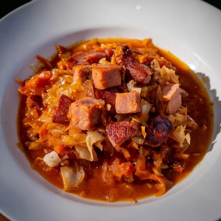 Aromatyczny Sriracha Bigos Fusion: gęsty gulasz z dymionym mięsem i pikantnym sriracha.