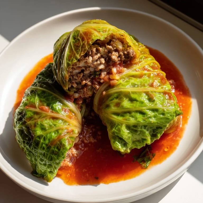Close-up of bubbling Simple Gołąbki in tomato sauce, ready for serving with mashed potatoes.