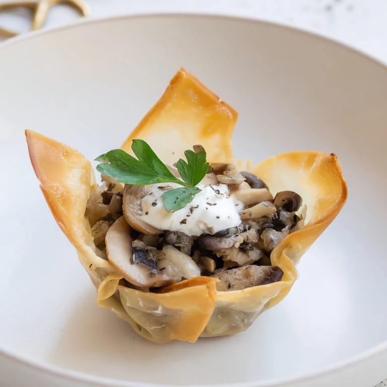 Delicious Lightened Polish Mushroom Pierogi Cups ready to serve as a vegetarian appetizer, garnished with fresh parsley.
