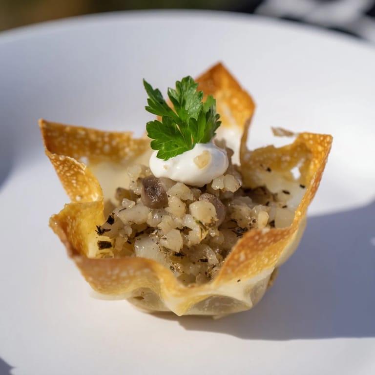 Close-up of baked Lightened Polish Mushroom Pierogi Cups, showing the mushroom filling and crispy wonton crust.