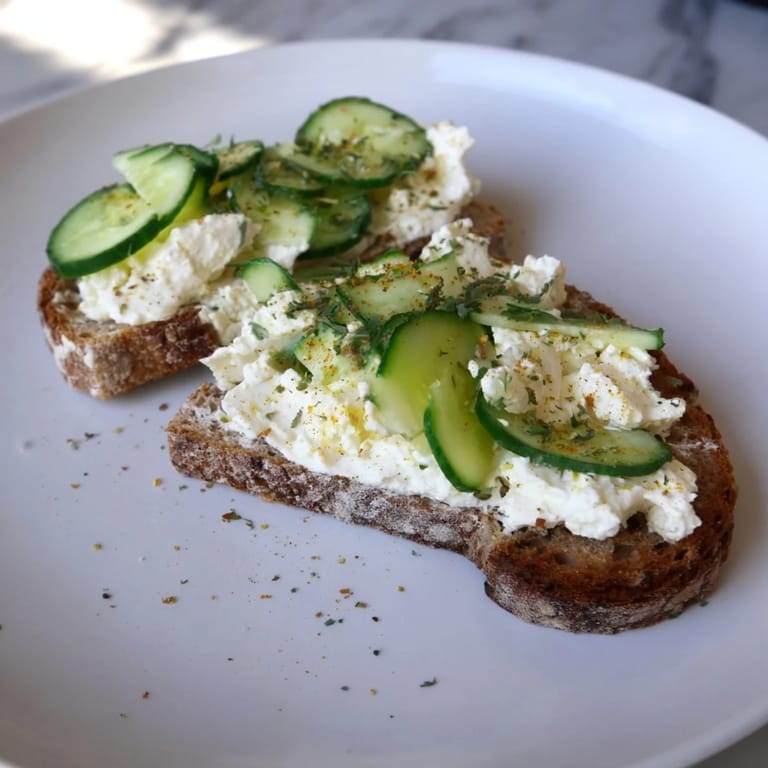 Enjoy a delicious Żytniak Tartine featuring creamy cheese and fresh herbs, perfect as a light lunch.