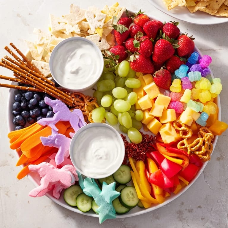 Enjoy a delightful Unicorn Party Platter offering vibrant fruits, veggies, and cookies, perfect for a celebration.
