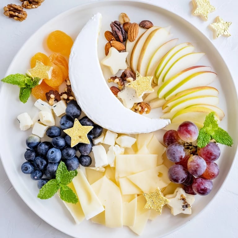 A delicious Moon & Stars Night Board featuring crescent moon brie, perfect for festive gatherings.