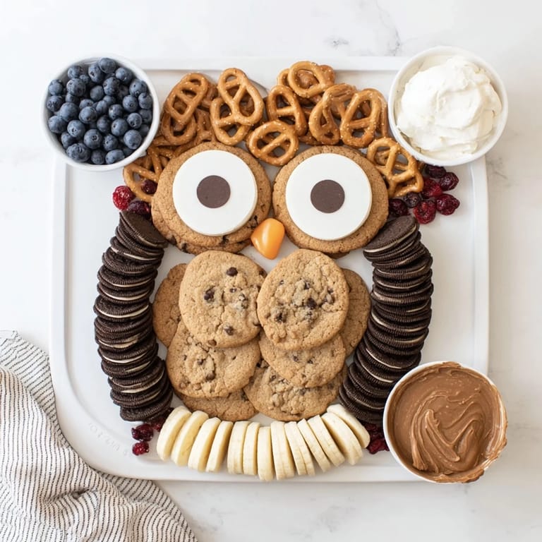 This festive Owl Hooting Dessert Board features a cheerful owl design made of sweet treats.