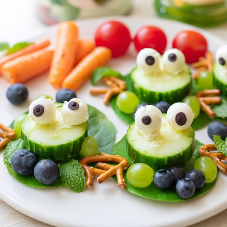 Fun Frog Pond Snack Tray with mozzarella frog faces, surrounded by colorful fruits and veggies.