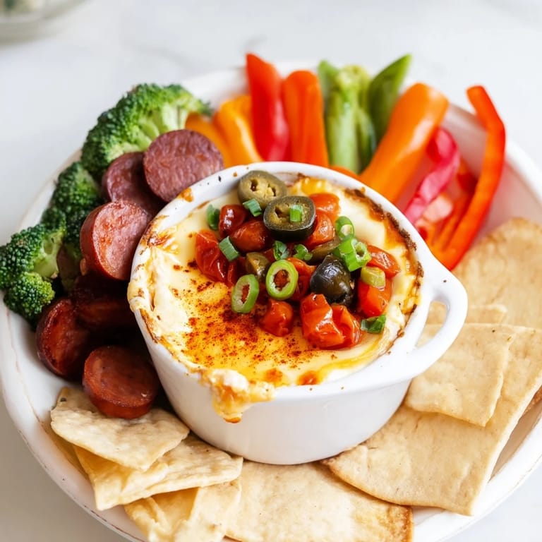 Dymiąca, serowa uczta: Lava Flow Volcano Dip, obok chrupiących warzyw i przyprawionych kiełbasek.