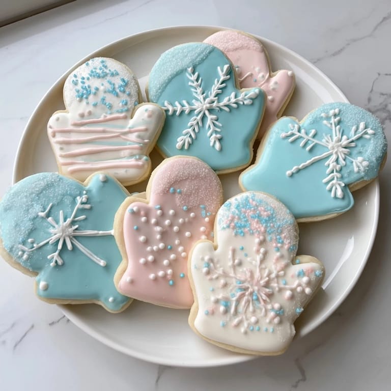 Pyszne, słodkie ciasteczka rękawiczki, ozdobione lukrem w świątecznych kolorach, gotowe do podania.