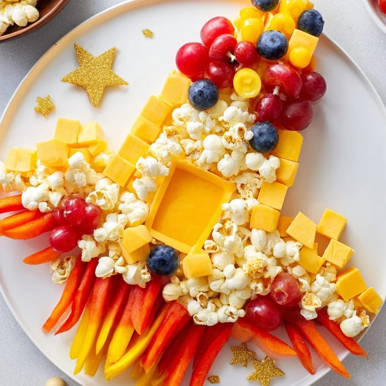 Blast Off Spaceship Snack Board features a playful snack board with grapes, carrots, and cheese cubes for a fun lunch.