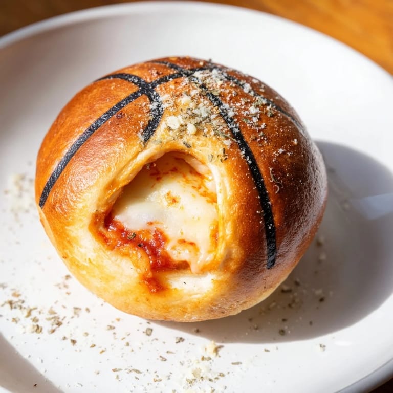 Freshly baked Slam Dunk Basketball Pizza Bites, showing off detailed black "basketball" lines and herbs.