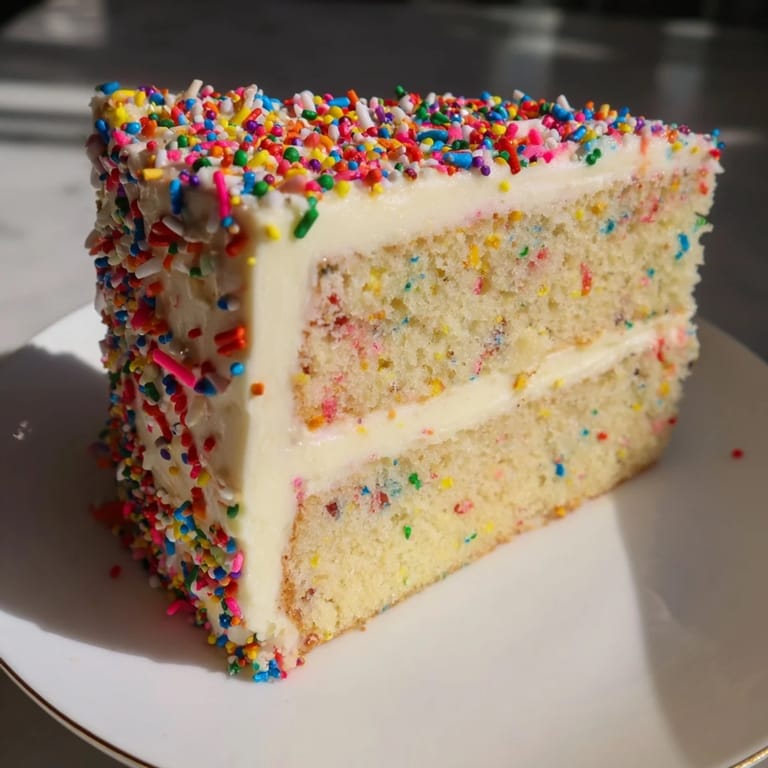 Smakowity kawałek urodzinowego ciasta z wilgotnym biszkoptem, obficie polane kremowym lukrem i kolorowymi dekoracjami.