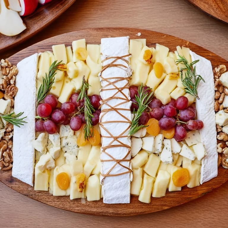 Przygotuj apetyczną deskę serów w kształcie rugby z różnymi serami i świeżymi owocami.