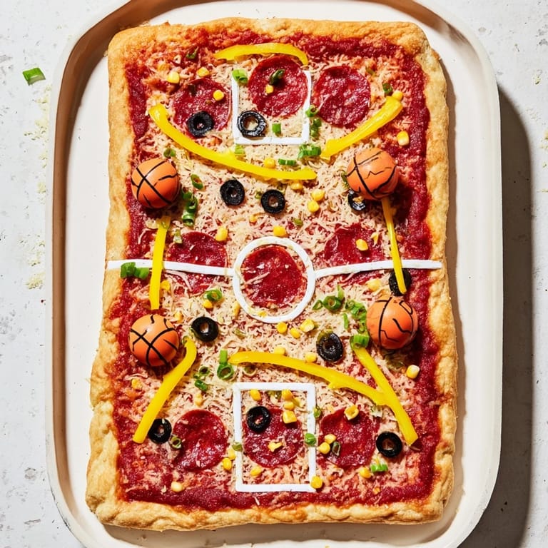A playful, crowd-pleasing pizza designed to look like a basketball court, complete with fun free throw topping shots. Perfect for sports parties or family nights.