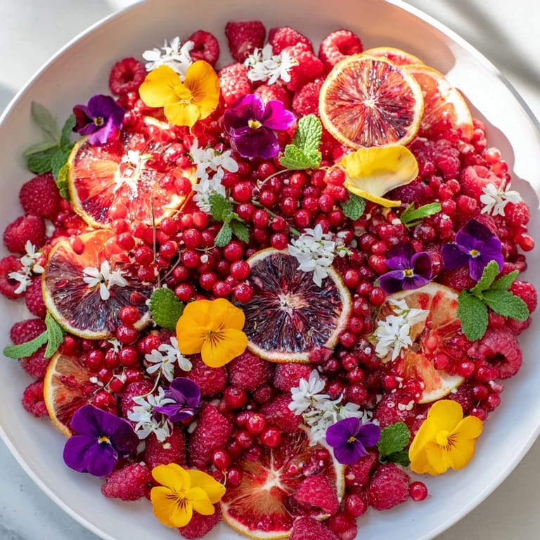 A beautifully arranged Champagne Bar Garnishes spread with juicy berries, citrus slices, and colorful edible flowers.