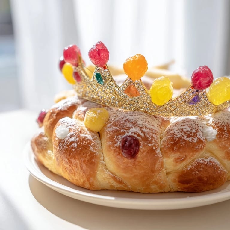 Wspaniały Couronne de Roi Bijoux Sucrés, czekający w gotowości do uroczystego podania na świąteczny stół.