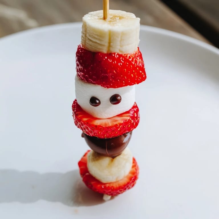 Świeże truskawki i banany tworzą wesołe, owocowe patyczki Świętego Mikołaja, idealne na szybką, świąteczną ucztę.