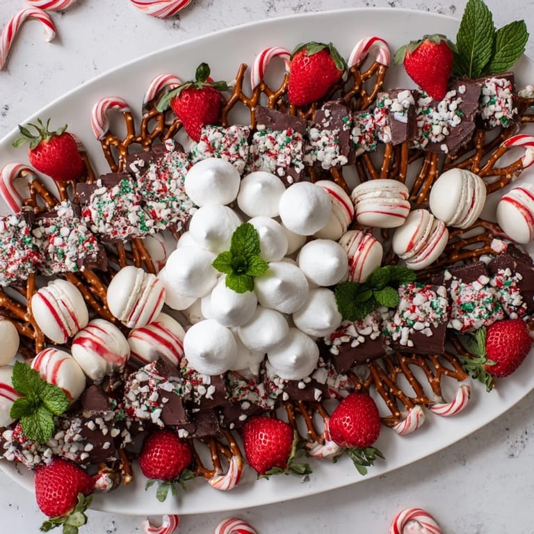 Pyszna, barwna Candy Cane Dessert Platter z różnorodnymi słodkościami i truskawkami w pobliżu.