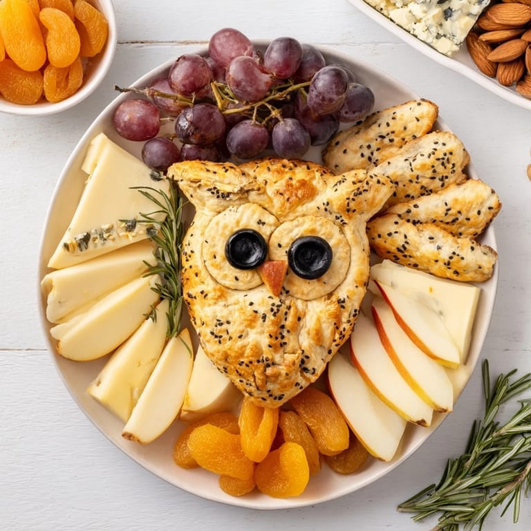 A beautifully arranged Owl Cracker and Cheese Board with colorful fruit and assorted cheeses.