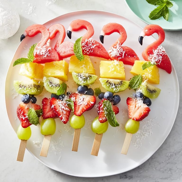 Wspaniały widok: Flamingo Fruit Skewer Platter z różnorodnymi owocami, idealny na przyjęcia w upalne dni.