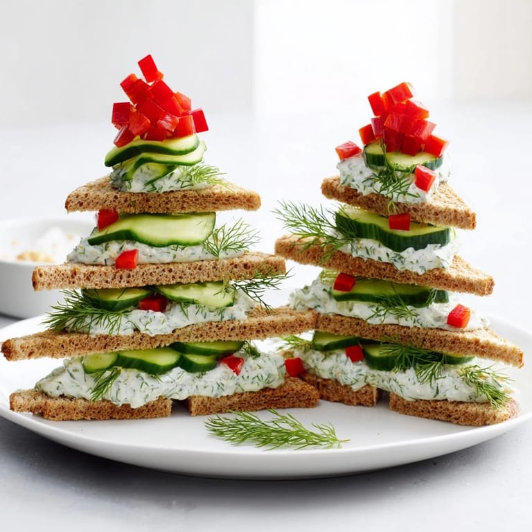 Zdjęcie stosów z ogórka i serka śmietankowego, udekorowanych czerwoną papryką, idealne na świąteczny stół obfitości.