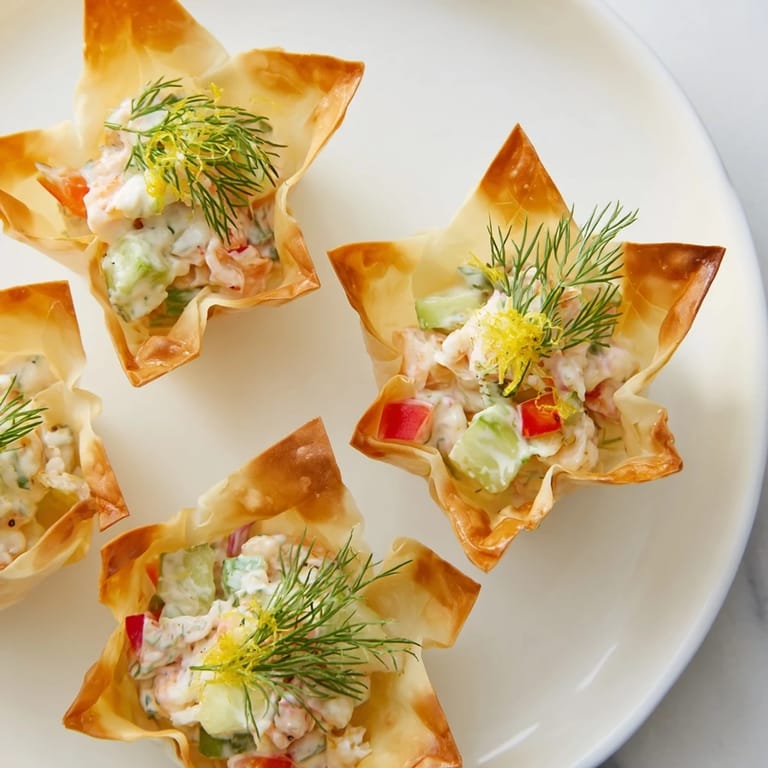 Crisp, star-shaped Mini Cocktail Cups with a vibrant shrimp salad, garnished with fresh dill before serving.