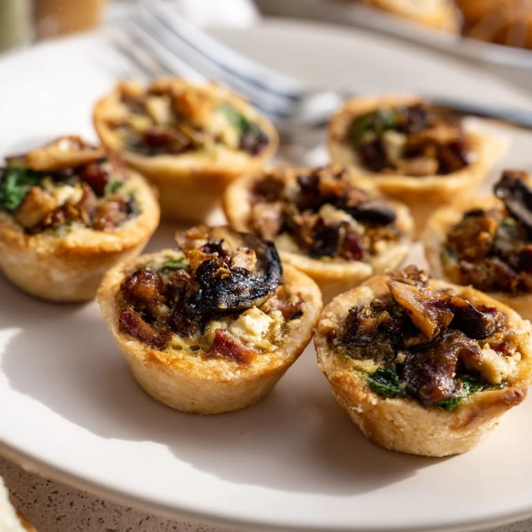 Mini Quiche Holiday Village Board: a close-up of savory quiches with rosemary, olives, and fresh veggies.