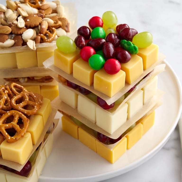 Vibrant photo of a Stacked Christmas Gift Snack Tower presentation, perfect for a festive party appetizer.