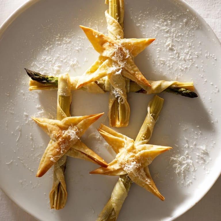 Freshly baked Star Shaped Asparagus Bundle Wraps, featuring tender asparagus and flaky pastry.