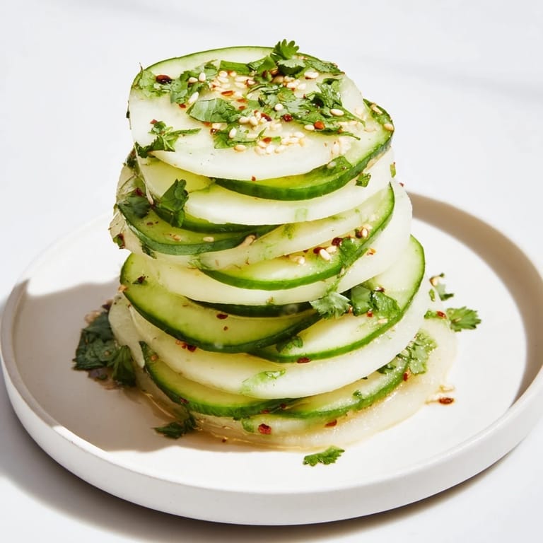 Warstwowa przekąska z jicamy i ogórka, posypana kolendrą i sezamem, gotowa do spożycia.