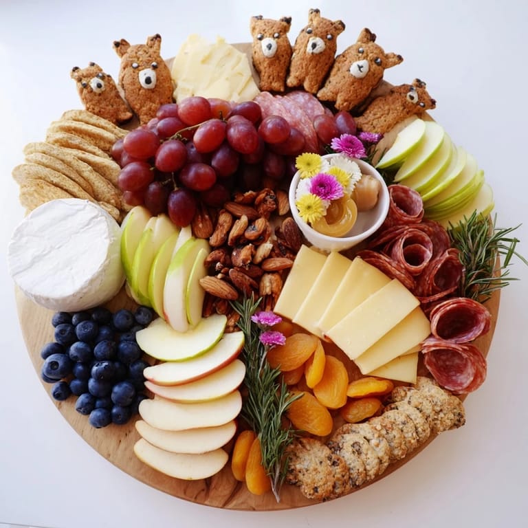 A delightful view of a Cozy Forest Animal Board loaded with delicious cheeses, and meats, arranged just so.