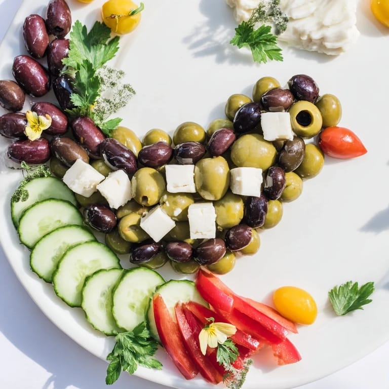 Piękna *Colombe de la Paix Olive Platter*, z oliwkami, serami i świeżymi warzywami, podana dla pokoju.