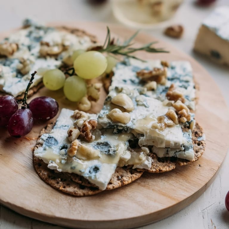 Elegant Blue Ridge Mountains appetizer with assorted blue cheeses and crackers, perfect for sophisticated snacking.