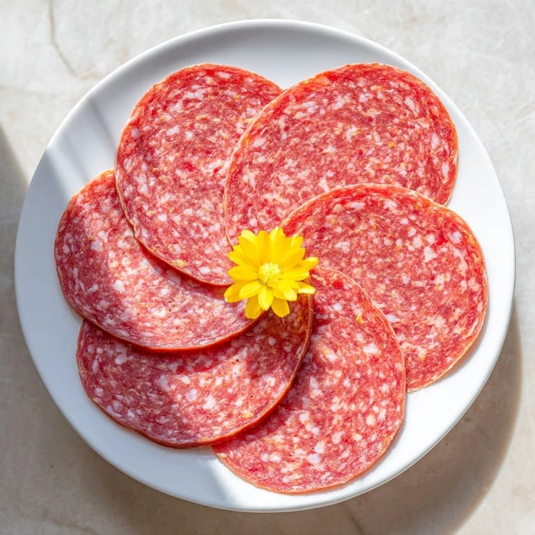 Salty salami petals blooming around cheddar: visually stunning Tudor Rose appetizer ready to serve.