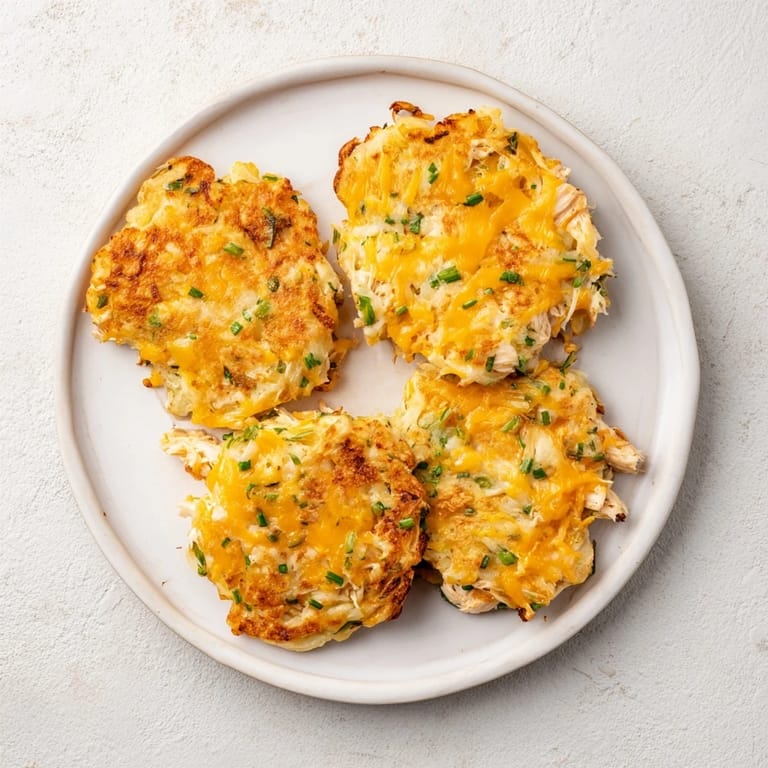Ułóż ciepłe placuszki z ziemniakami i kurczakiem na talerzu, idealne na szybki lunch.