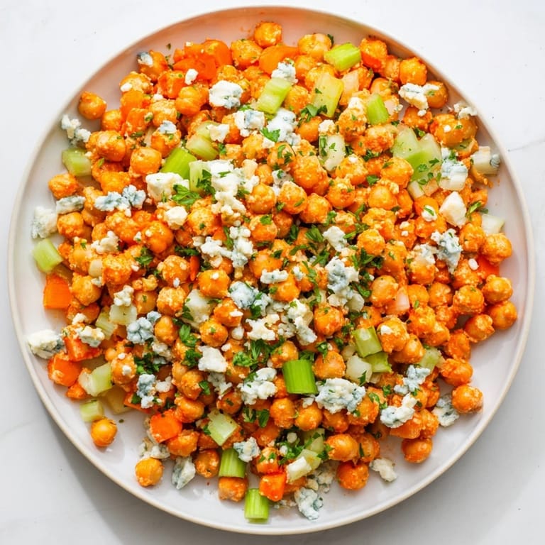 Spicy buffalo sauce coats chickpeas in this colorful, satisfying buffalo chicken bean salad.