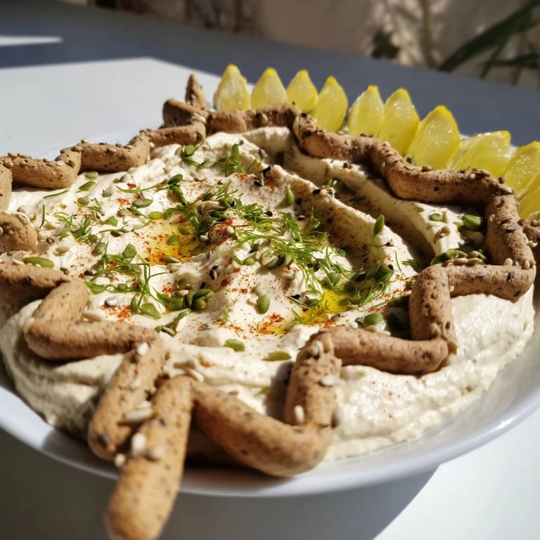 The Sandstone Canyon: Mediterranean appetizer featuring hummus and crackers, perfect for sharing and easy assembly.