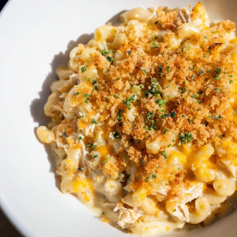 Golden-browned topping on a baked dish of classic Struggle Meal Chicken Macaroni, ready to serve.